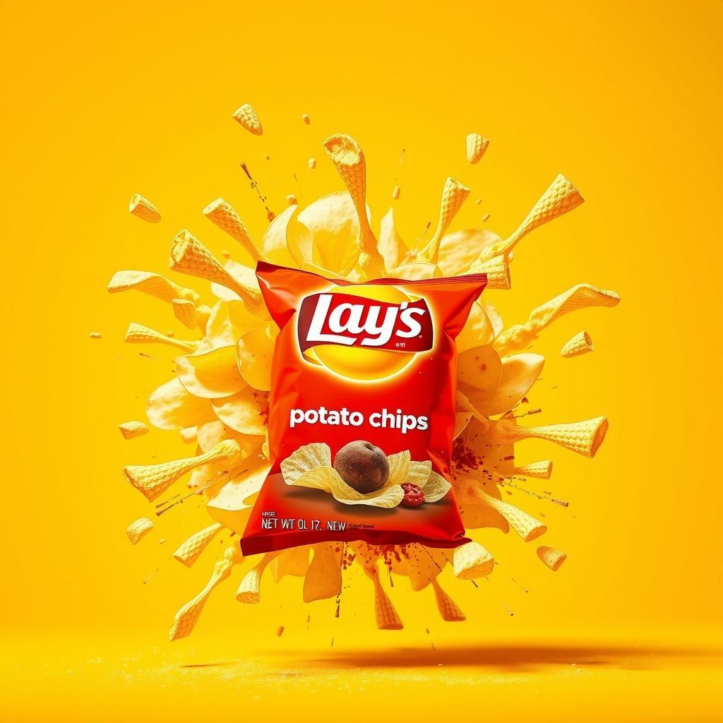 A vibrant image of a Lay's potato chips bag bursting surrounded by scattered chips against a yellow background.