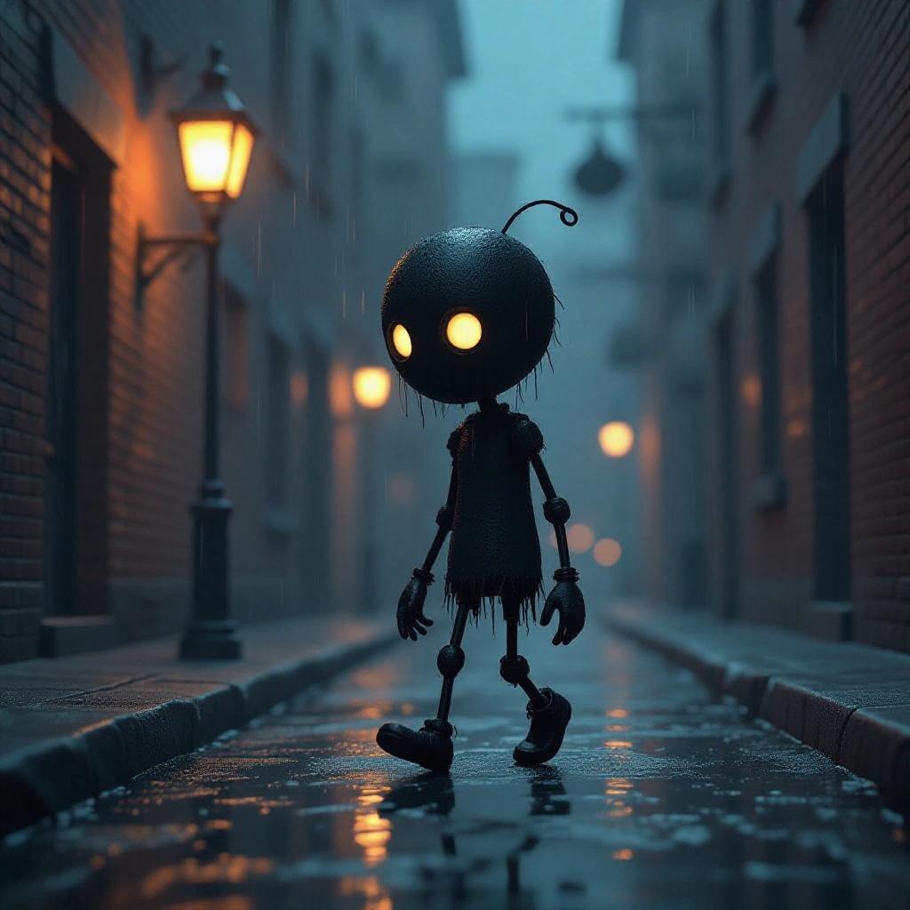 A miniature stickman character walks in a rain-soaked alley. The character is faceless and slightly hunched. There is a flickering streetlight nearby. It's dark and moody. The setting has reflections of neon lights in the puddles. The colors are high contrast with teal and rust tones.