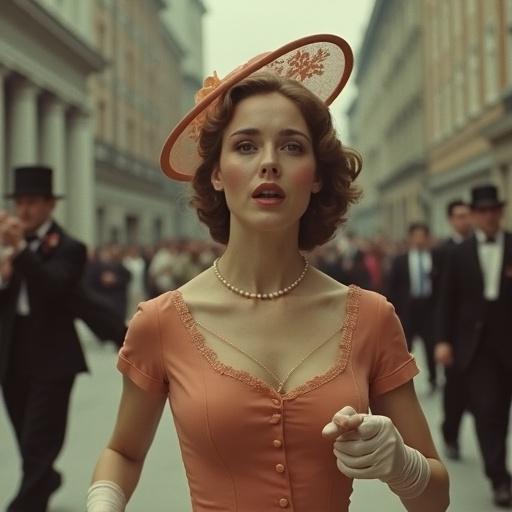A young lady in a posh dress and elegant gloves looks sad and scared while running in a protest. A glamorous pillbox hat flies behind her.