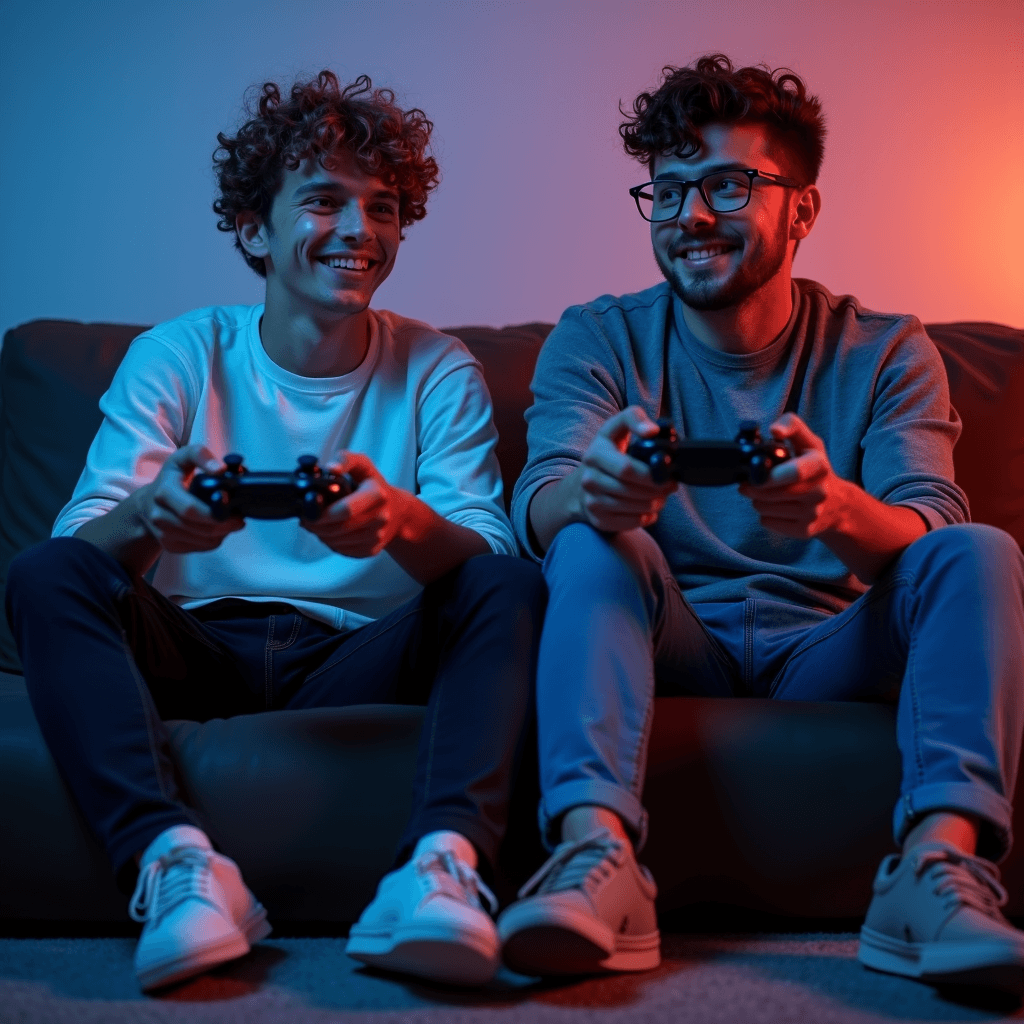 Two young men enjoying video games in a casually lit living room setting.