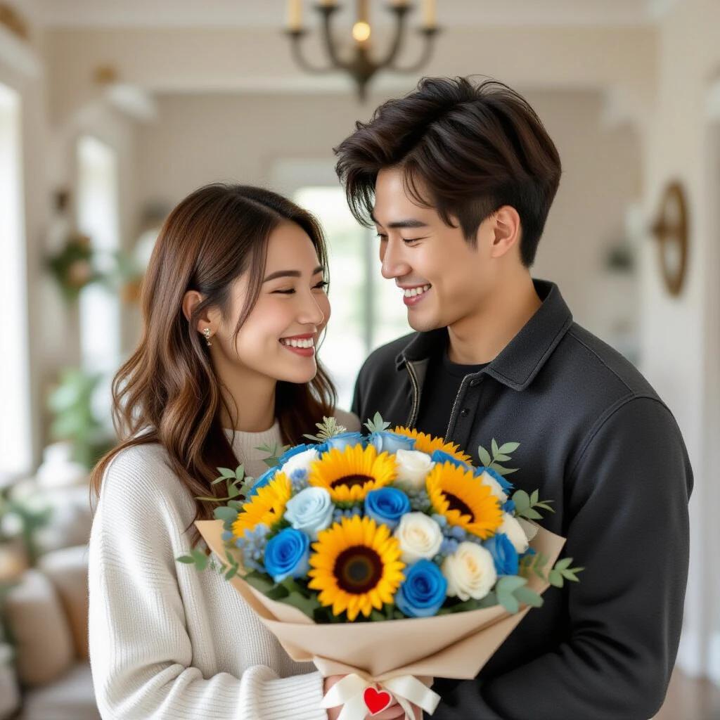 A young asian couple smiles at each other. The man has tousled dark brown hair and charcoal jacket. The woman has medium length straight brown hair in a white sweater. They are in a spacious home with a romantic feel. The man embraces the woman from behind. The woman holds a bouquet featuring sunflowers blue roses and greenery with a warm tone wrapper and a red heart ribbon.