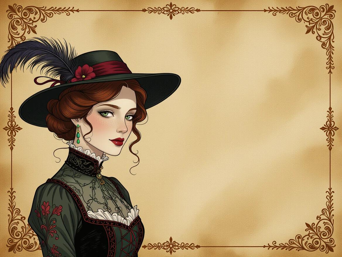 An elegant woman in profile view. She wears a stylish hat adorned with a feather. Background features antique parchment paper with a hint of rust.