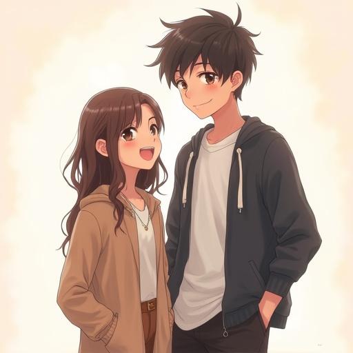 Anime pose of two siblings. Sister in front view. Brother in three-quarter view with one hand in pocket. Both are smiling.