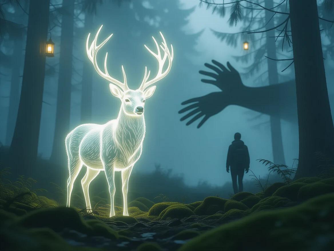 Eerie glowing deer-like creature with ivory fur and soft bioluminescent antlers standing in a misty twilight forest. Subtle lantern lights float around. Peaceful expression with warm ambient glow from antlers. Shadow stretches unnaturally behind forming twisted human-like hands reaching toward a lost traveler frozen mid-step. Atmospheric fog with cinematic soft light. Shallow depth of field, dreamy yet unsettling tone. Ultra-detailed textures of real moss and foliage. 85mm lens.