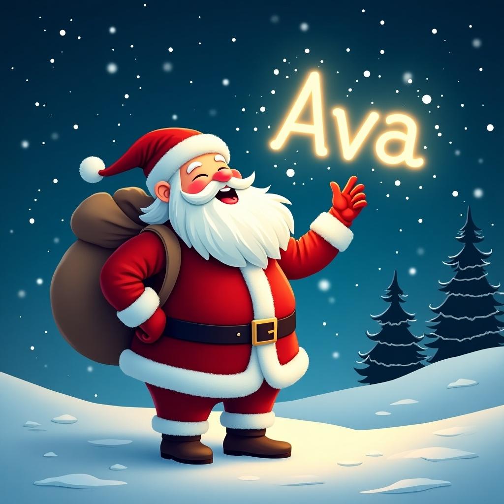 A cheerful Santa Claus stands in a snowy landscape, joyfully writing the name ‘Ava’ in the night sky with a magical light. He is dressed in a traditional red suit with white trim and carries a large sack over his shoulder. The background features a starry night sky sparkling with stars and gently falling snowflakes. Pine trees are visible in the distance, completing the winter wonderland feel. The scene radiates joy and holiday spirit, perfect for celebrating Christmas.