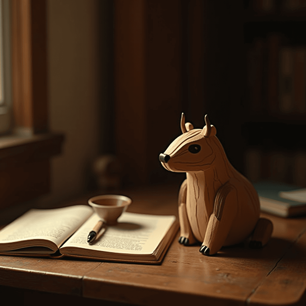 A wooden figurine of an animal sits next to an open book and a pen on a wooden table, illuminated by soft natural light from a nearby window.