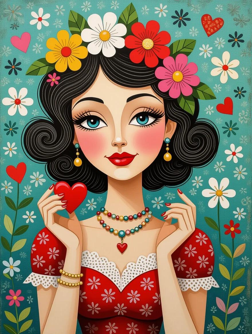 Artwork featuring a woman with black curly hair dressed in a red dress with vibrant flowers. She holds a red heart in her hands forming a playful demeanor. The background is colorful filled with hearts and flowers representing love and joy. The art style is whimsical and detailed with influences from various artists.