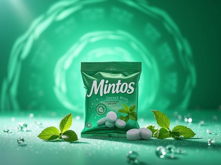 A package of Mintos sweet mints positioned at the center. The packaging is mint green with silver accents. Background features a vibrant swirling gradient of emerald and white. Scattered glistening mint leaves and sugar crystals. The brand name is modern and sophisticated. The lighting enhances the allure of freshness. Elevated perspective provides a captivating view.