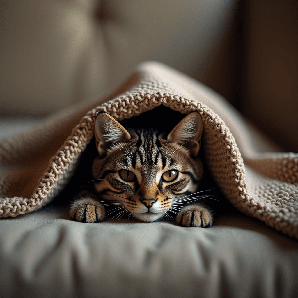 A cat with black and brown stripes is lying under a knitted blanket, looking comfortable and relaxed.