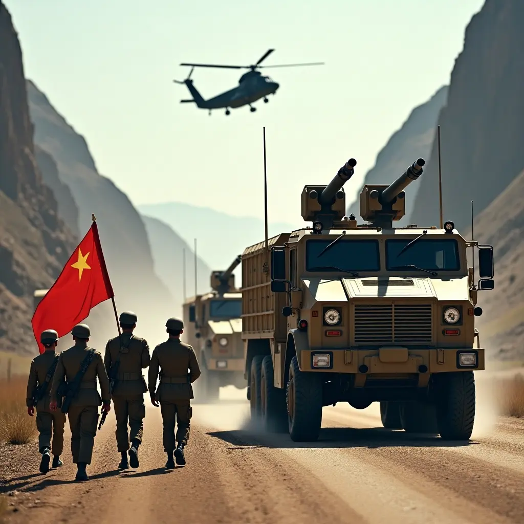 Dramatic scene with military armored trucks equipped with cannons. Soldiers in uniforms march with rifles and a flag. A CH-47 helicopter flies above, enhancing the action.