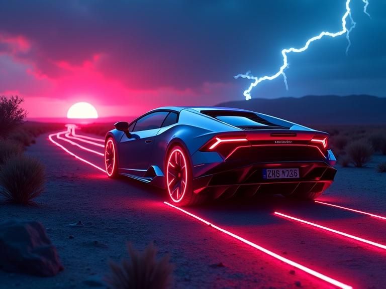 Cyberpunk style vibrant deep blue red light with a futuristic Lamborghini in a desert sunset scene. Car viewed from a distance with laser light rims. Lightning and thunder in the background with fog and rain effects.