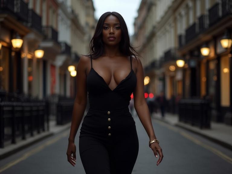 Front view of a woman walking down a dimly lit street in central London. The woman is wearing a stylish outfit. She displays confidence and elegance. The background features city lights and a classic street layout.