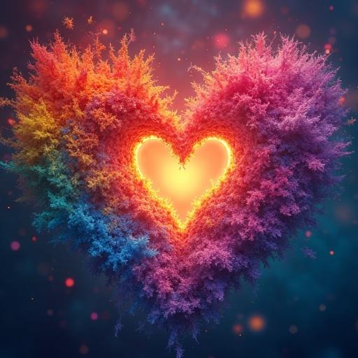 Colorful heart shape filled with vibrant colors. Background is softly blurred. Glowing center radiates warmth. Symbolizes love and unity.