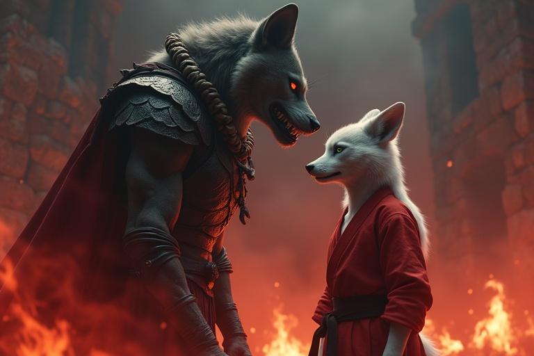 Cinematic scene of Kalnemi and Kittuu in a fortress arena. Kalnemi is a tall gray jackal with glowing red eyes in black armor. Kittuu is a white-furred character wearing a light red karate gi. Dark smoke surrounds them. Vivid colors of red black and gold are in the atmosphere. Kalnemi shows menace while Kittuu stands defiantly.