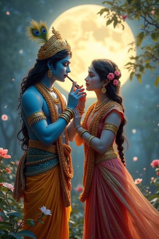 A breathtaking AI-generated image featuring Radha Krishna expressing divine love. Krishna plays his flute under a mystical moonlit sky. Radha gazes at him with devotion. The enchanting Vrindavan forest surrounds them, illuminated by soft light with celestial flowers. The atmosphere captures their eternal love artistically.