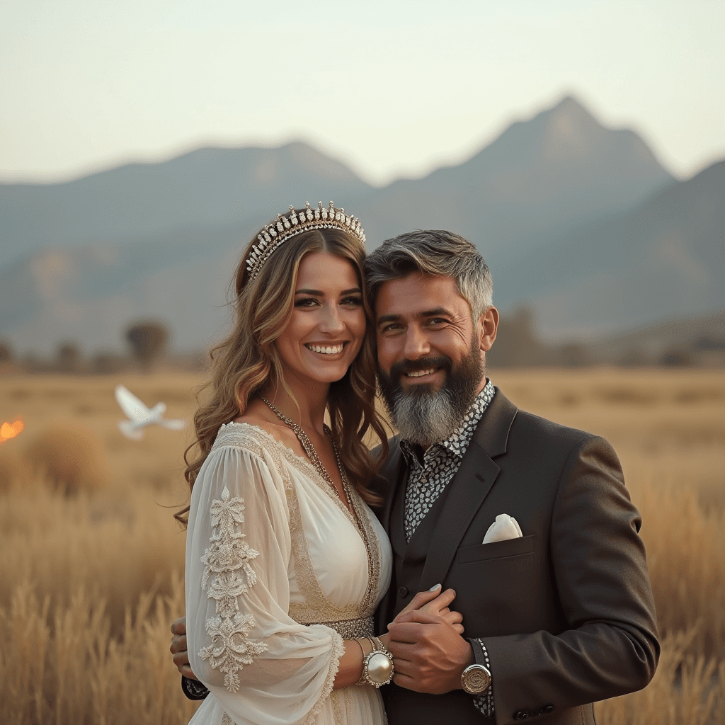 The photograph captures a radiant couple in a warm, desert setting with mountains softly blurred in the background. The woman, with wavy brown hair, is adorned with an elegant tiara and a vintage-style dress featuring lace embellishments. The man beside her sports a well-groomed beard, wearing a stylish suit with a patterned shirt and a pocket square. Both individuals exude joy, holding each other closely while smiling brightly. A white bird is visible in the background, adding a serene touch to the natural landscape.