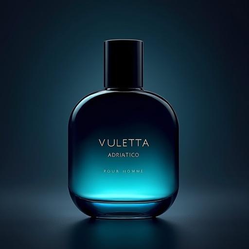 Modern perfume bottle with dark blue upper half transitioning to turquoise at the base. Simple black cap. Dramatic background highlights the elegant design. Label features 'VULETTA' in unique font. Below 'ADRIATICO' and 'POUR HOMME'. 'PARFUM' near the bottom. Light leaks enhance the appearance.