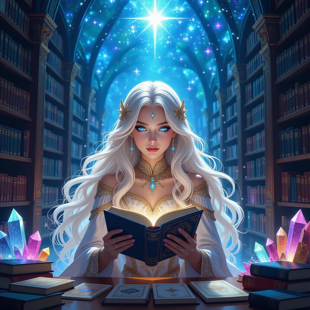 A celestial sorceress with long blonde hair sparkles with cosmic light. She holds a mystic book in a vast library surrounded by glowing crystals. The setting is an enchanting Crystal Forest filled with magical elements. Her beauty and presence radiate an aura of mystery and power. The scene is rich in vibrant colors and stunning details.