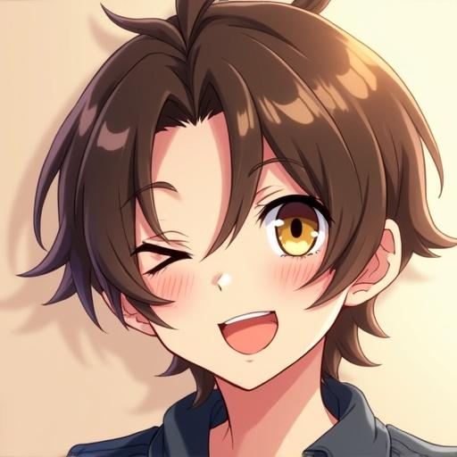 A happy anime boy with one brown eye and one yellow eye. Brown medium long hair. Cheerful expression.