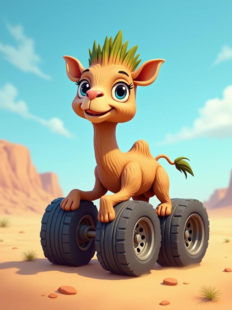 A cartoon camel with car wheels instead of hooves sits in a desert. The background shows a bright blue sky. The camel is friendly and curious. The wheels create a humorous and surreal look. The scene is playful and engaging with animal and automotive features. Groot from Marvel is changing a tire.