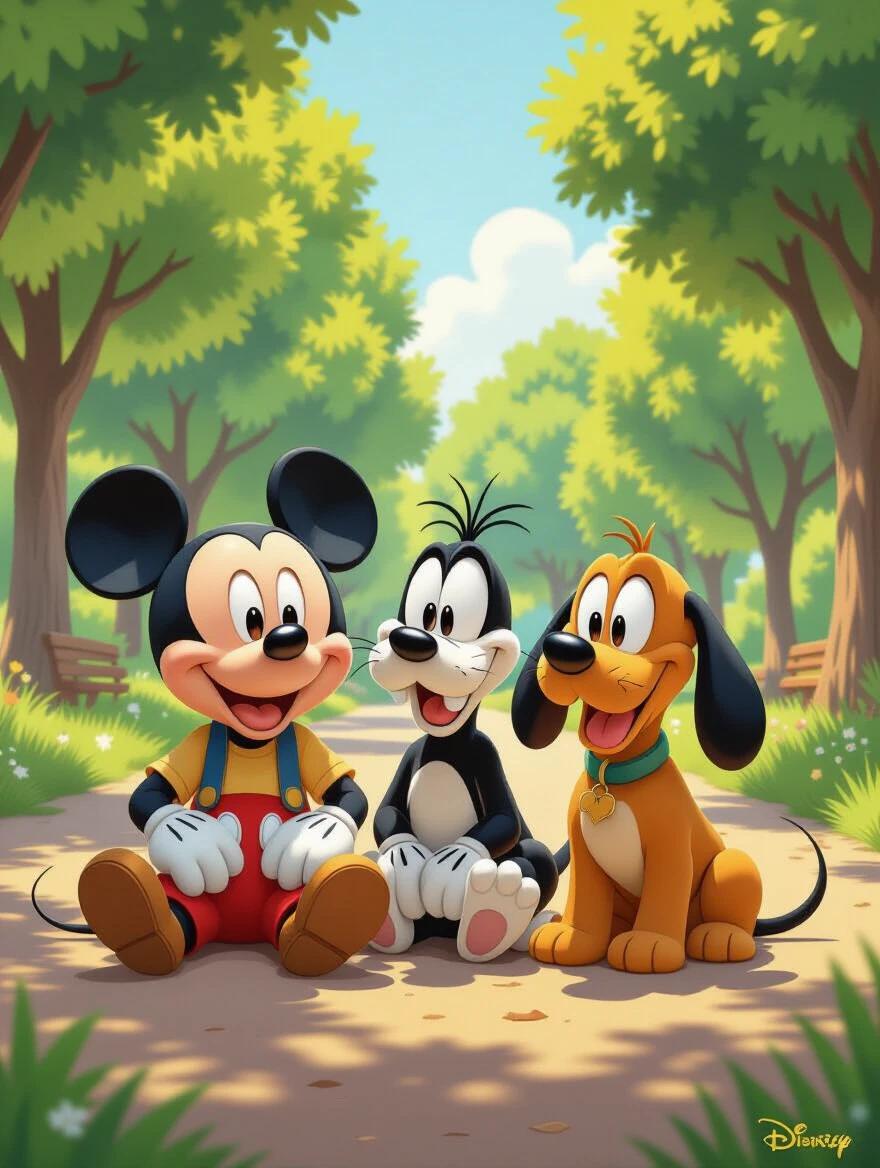 Three beloved Disney characters are sitting on a path in a sunny park. Mickey Mouse wears red shorts and a yellow shirt. Goofy sits beside Mickey, with a big smile and is goofy looking. Pluto, the dog, is happily laying next to them. The scene is bright and colorful with trees and a clear blue sky. All characters show a cheerful but slightly tired expression in the warm weather.