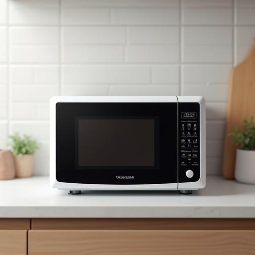 A modern microwave oven on a kitchen table or countertop. Features a sleek front panel with digital touch controls. Illuminated display shows intuitive icons. The design is minimalist with clean lines and a smooth finish. The lighting is bright and soft with a neutral background, focusing on the microwave's interface. The image is photorealistic and sharp.