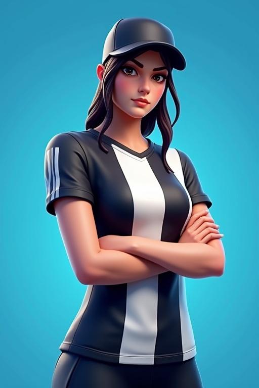Female Fortnite skin with blue background wearing iconic Juventus striped jersey and a black backward cap featuring Juventus logo.