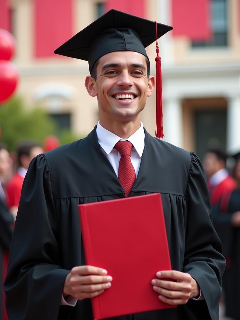 Create an image of a male student in a graduation uniform. Student is holding a red certificate. The background shows a graduation ceremony with balloons and banners. The uniform displays the school's colors and emblem. The lighting is bright and conveys joy.