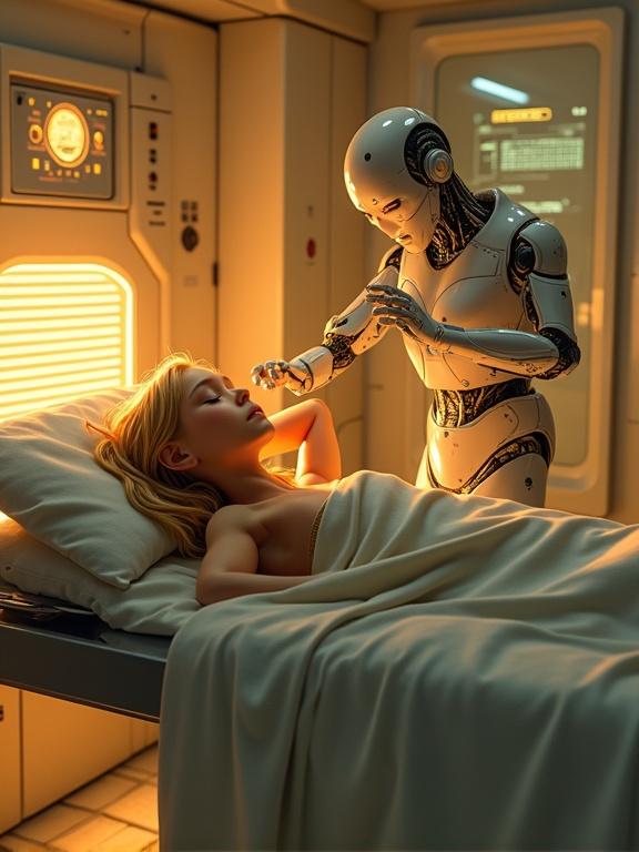 Pixar style cartoon featuring a young girl asleep in a futuristic examination chamber. Advanced androids analyze her shoulder wound using multi-limbed medical arms. Warm golden lighting enhances the scene with a soft fog from cooling vents and floating data panels. Scene captures an emotional quiet moment with a cyberpunk aesthetic.