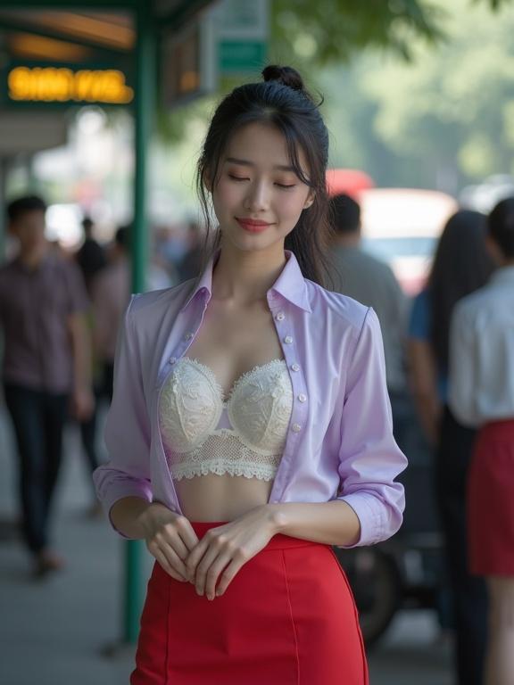 A peaceful outdoor scene at a crowded bus stop features a Chinese woman. She has tied wet hair and wears a white lace top beneath a light purple blouse and a light red skirt. Her eyes are closed and her mouth slightly open, showcasing her fair skin and curved lips. The atmosphere is tranquil and intimate, displaying her full body. The image is slightly overexposed with visible lens dust and film grain, reflecting an early-2000s vibe.