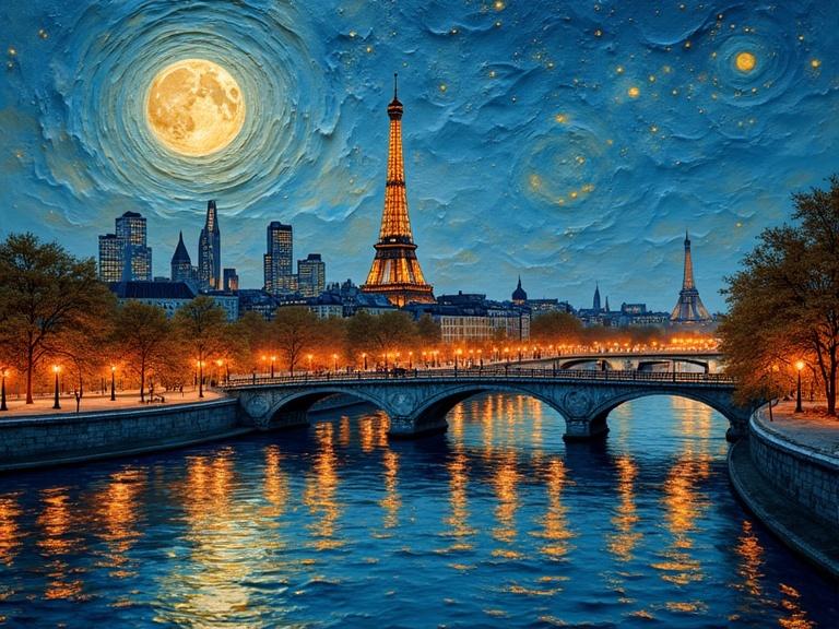 Origami paper folds create a vibrant night panorama over Paris skyline with Eiffel Tower. Thick textures imply a layered effect. Full moon shines above the city, lighting up reflections on the river. Starry sky resembles Van Gogh's style. Panoramic view captures beautiful architecture and urban landscape.
