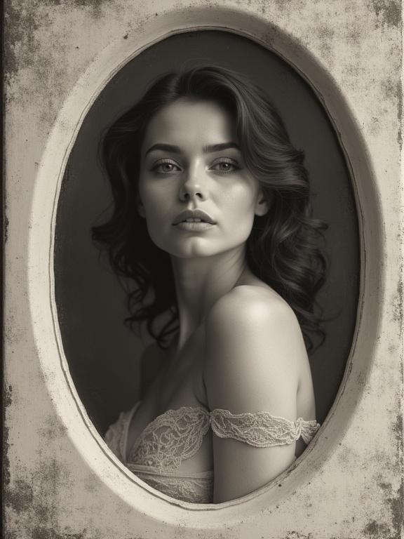 Black and white vintage portrait with a woman in stylish undergarments framed in an oval canvas. The image features soft lighting and high contrast with a sepia tone.