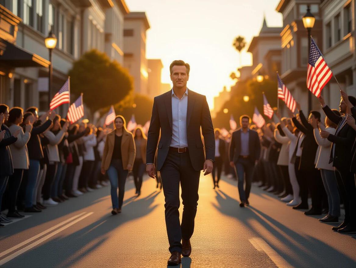 Photo of a confident man walking through a cheering crowd at sunset. Supporters wave flags. Warm light illuminates his face. Hopeful expressions surround him. Charismatic presence in a cinematic setting.
