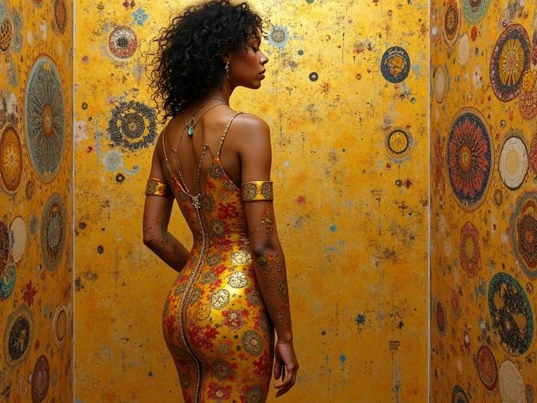 Stunning image of a woman wearing a shimmering golden dress. The background features ornate patterns in various colors. The setting is enriched with artistic textures and elements resembling Klimt's style. The lighting casts a warm glow highlighting the intricate details of the dress and backdrop.