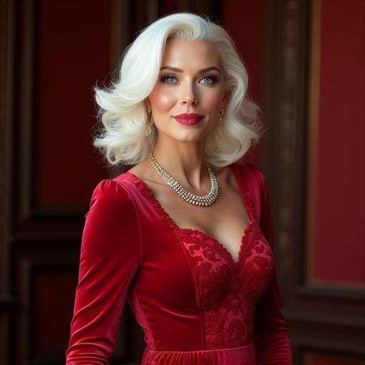 Elegant woman with white hair wearing a red velvet dress in a gala setting. Confident expression radiates sophistication. Background resembles a luxurious environment.