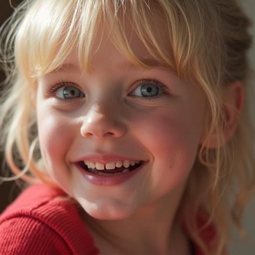 A close-up of a smiling girl with blonde hair and blue eyes. She has a joyful expression and is captured in soft, warm lighting.
