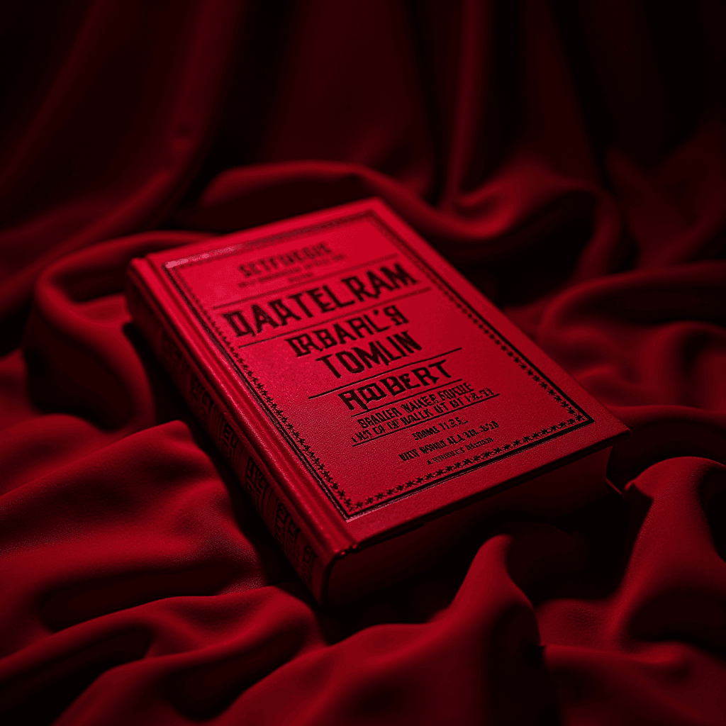 A striking red book on a matching cloth background, evoking a sense of intrigue and depth.