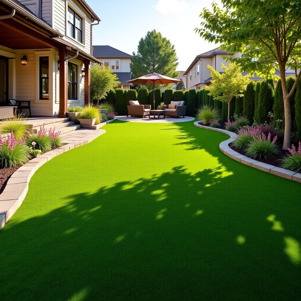 Image of a beautifully landscaped backyard featuring artificial grass and outdoor furniture. Bright sunny day enhances vibrant colors.