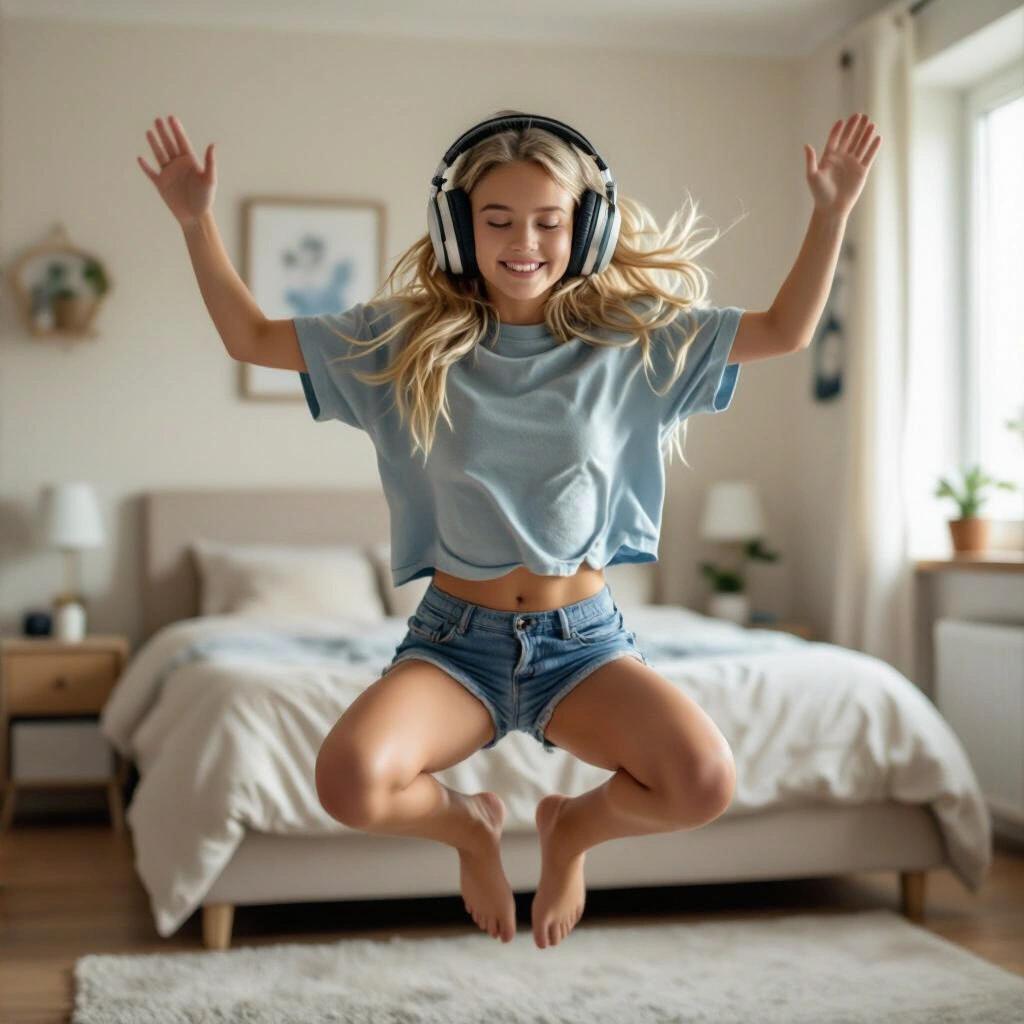 Blonde girl with blue eyes wearing large headphones oversized t-shirt and short shorts levitating in bedroom