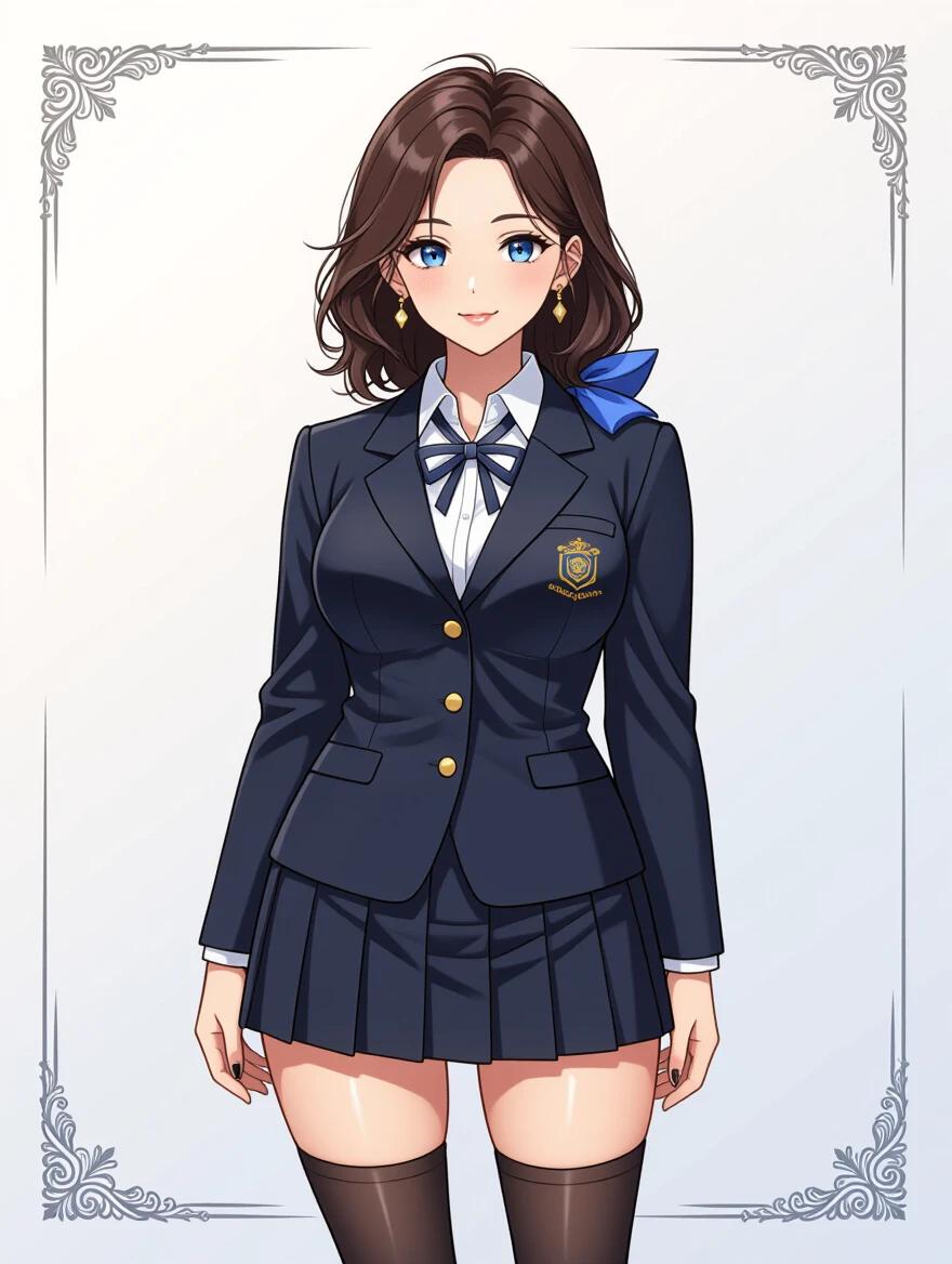 Full body portrait of a female character wearing a stylish school uniform. The character features liquid-blue eyes and a messy shoulder-length dark brown hairstyle held with a blue scrunchie. She has a plump physique with wide hips and extra belly. The uniform is detailed with buttons and includes a padded skirt. Accessories include flashy earrings and high-knee socks. The artwork has soft lighting and smooth lines, resembling a comic book illustration.