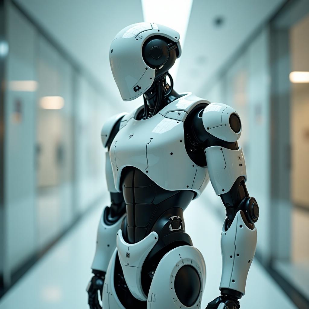 A humanoid robot designed to assist in medical tasks. Robot has a sleek and modern design with a primarily white and black color scheme. It is posed in a hallway typical of a hospital or medical facility. The robot appears attentive and ready for medical duties.