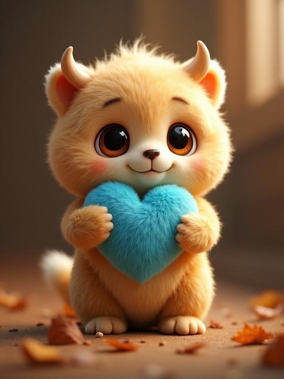 Humanoid fluffy creature with round head large eyes tiny horns holding blue heart. Warm golden-brown fur and soft expression in cozy environment. Whimsical style with a focus on affection and charm.