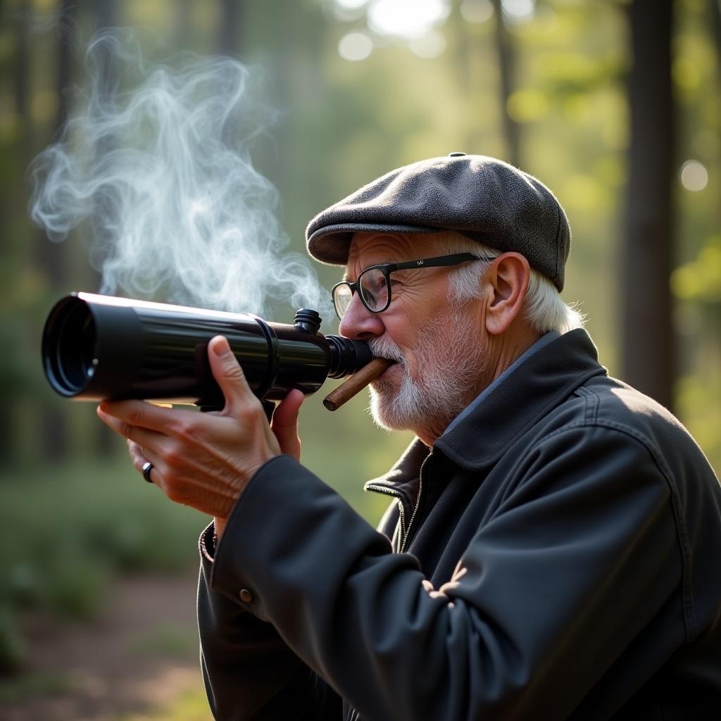 A 55 year old Italian man enjoys a moment outdoors. He uses a telescope and has a cigar in his mouth. He focuses intently through the telescope. The setting includes a wooded area with soft natural light. He wears a stylish cap and jacket. Smoke wafts from his cigar. The atmosphere is serene and contemplative.