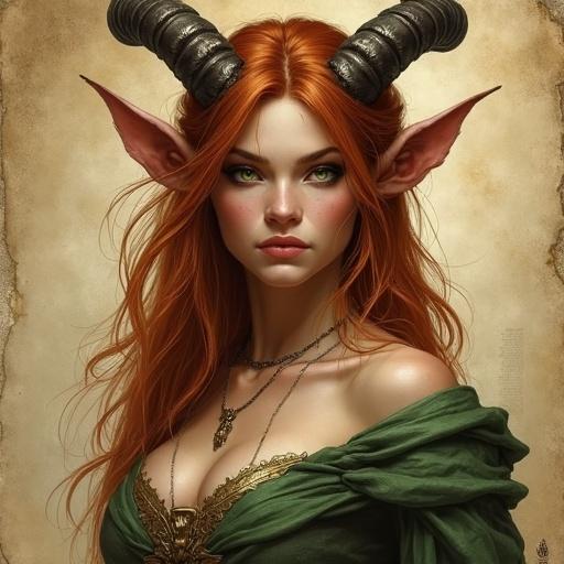Portrait of a faun woman with horns and cowboy copper hair. She has striking green eyes and is depicted as a rugged fighter. The background fades into worn parchment paper with a vintage look. The artwork is digital, in the style of Antonio J. Manzanedo, capturing the essence of epic fantasy.