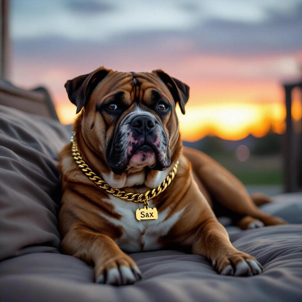 A relaxed bulldog lying on a couch outside during sunset. The dog wears a gold chain with a name tag that says SAX. The scene captures a cozy atmosphere at late sunset.