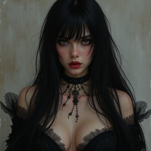 A black-haired sorceress wearing dark and ornate attire. Holding a decorative glass as if she is drinking a mystical potion. Long dark hair cascades around shoulders. An intricate necklace adorned with jewels complements her elegant look. Atmospheric and enchanting background adds depth to the scene.