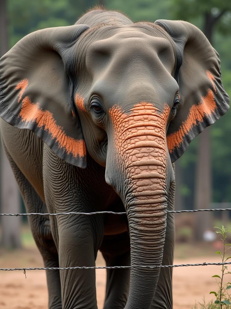 An elephant has distinct colored markings on ears and trunk. Elephant stands behind a wire fence. Background shows a forested area. The elephant looks directly at the viewer.