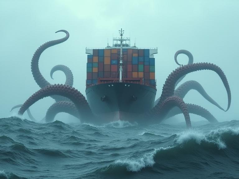 A foggy ocean scene with a massive octopus pulling a container ship underwater. The ship is modern and colorful. The atmosphere is eerie with giant waves crashing.
