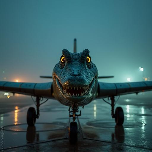 Hyper photorealistic image of a surreal crocodile-headed WWII bomber aircraft parked on a foggy airport runway at night. Captured with a 50mm lens, shallow depth of field, and natural lighting. Metal body reflects ambient lights, realistic surface textures. Crocodile head ultra-detailed with textured skin and glowing eye. Background includes faint regular planes and airport vehicles. Wet runway reflects soft terminal lights. Shot resembles late-night airport inspection. ISO 100, aperture f/1.8, realistic lens blur.
