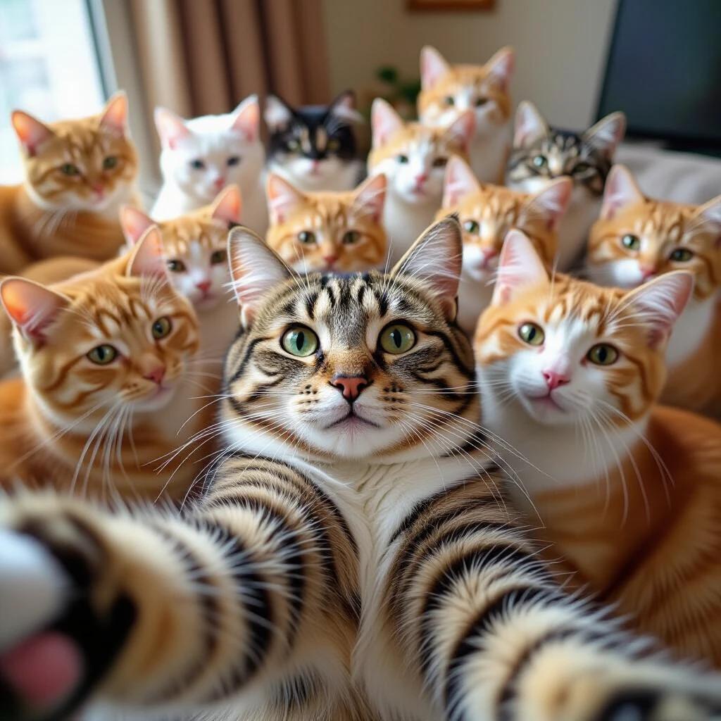 A large group of cats taking a selfie. The group consists of different breeds and colors. Background is an indoor setting with soft lighting. One cat is in the front with a playful expression. All cats appear curious and engaged in the moment.